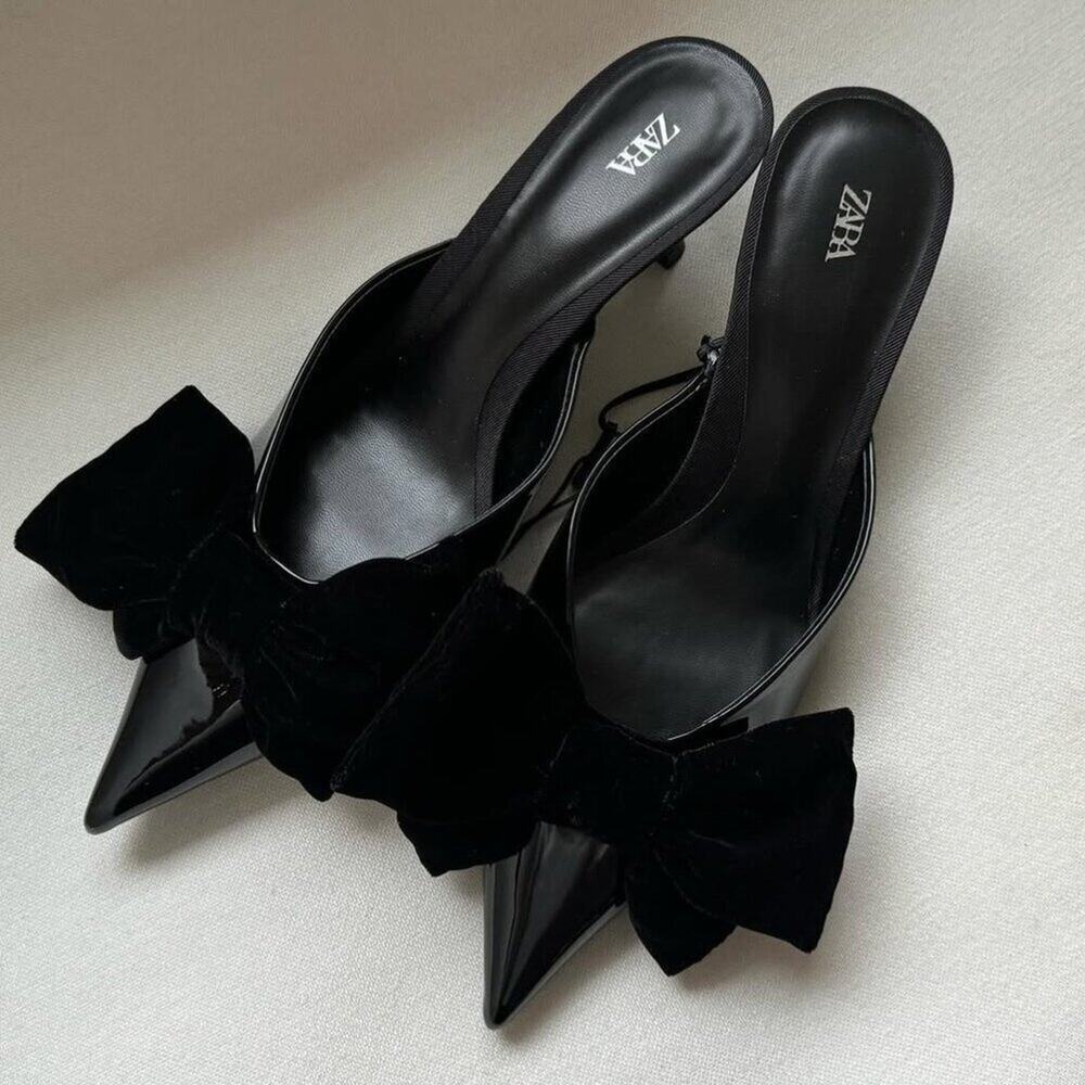 Zara Black Patent Bow Mule Heels NWT Pointed Toe Kitten Heel Slip On Size 6.5 - Picture 15 of 16